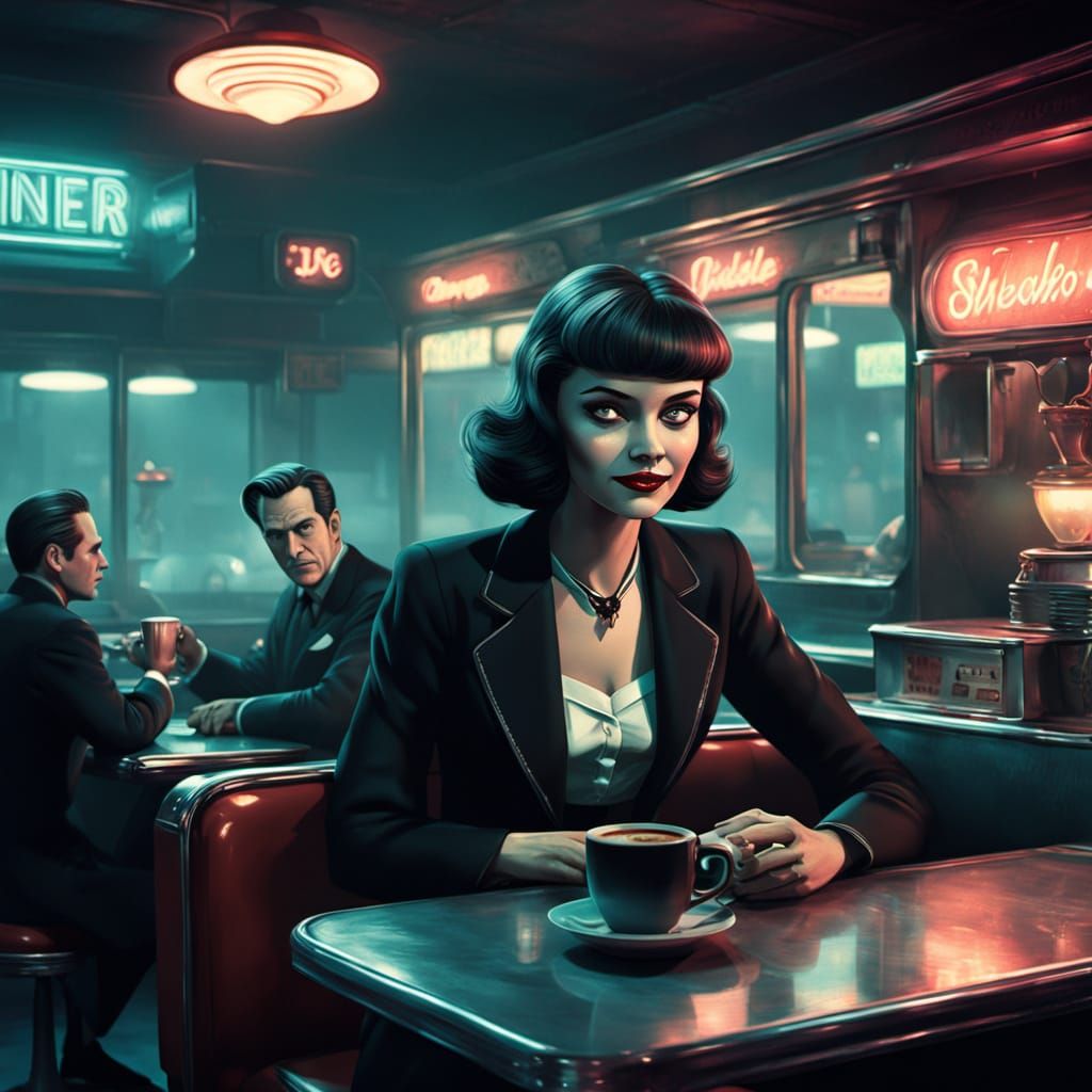 Men in Black in 1950s Diner, Retro Noir