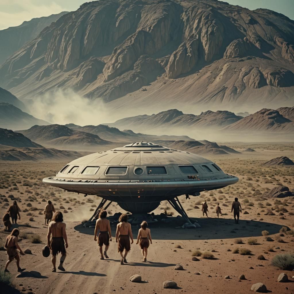 Cavemen Discover Flying Saucer: Cinematic Film Still