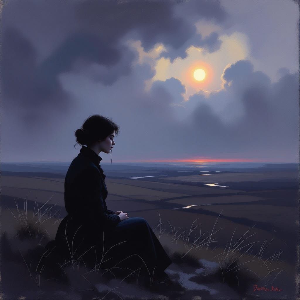 Woman's Solitude on Windswept Moor