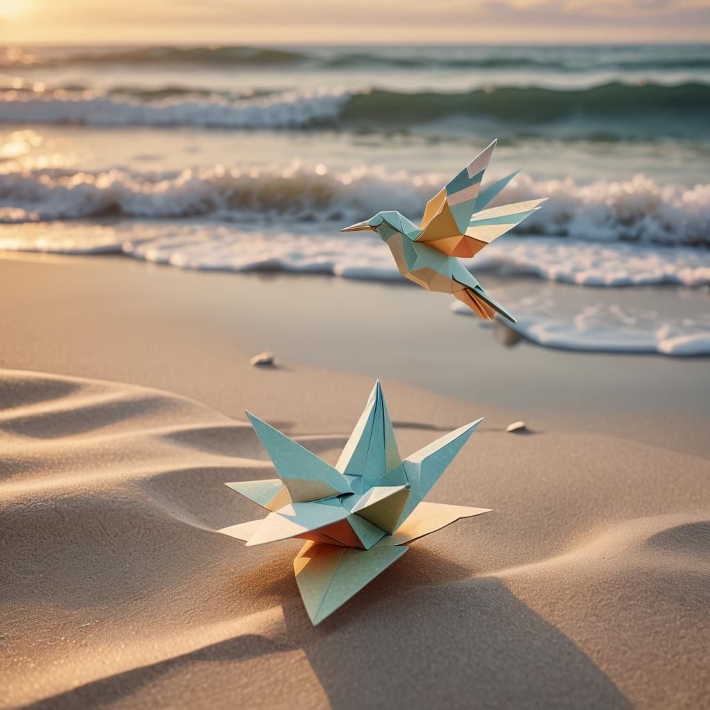 Origami Bird on Serene Sunset Beach