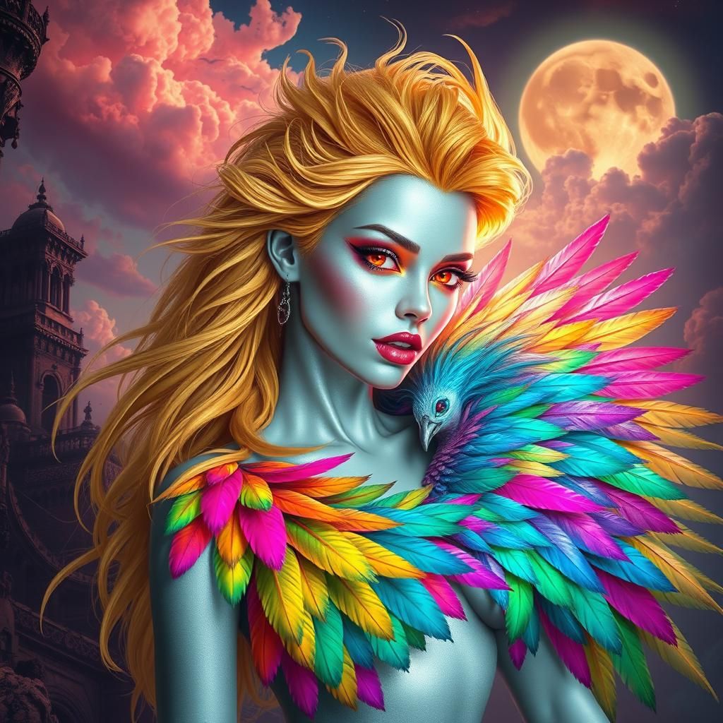 Kaleidoscopic Siren with Silver Skin, Feathers