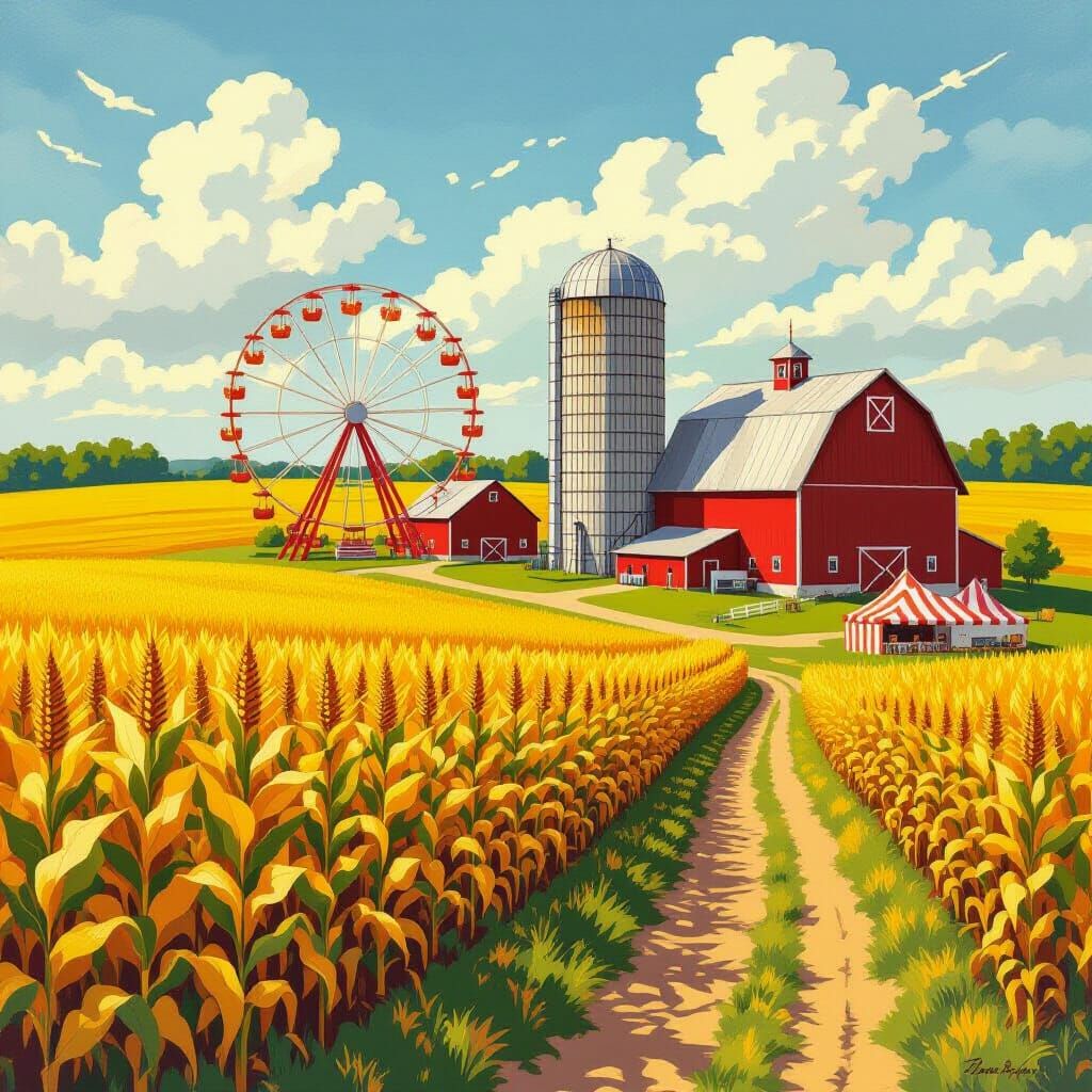 Iowa Farm Scene with Golden Cornfields