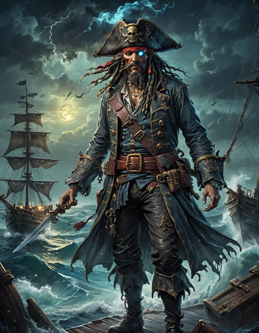 Bioluminescent Ethereal AI Art: Old Pirate on Stormy Seas