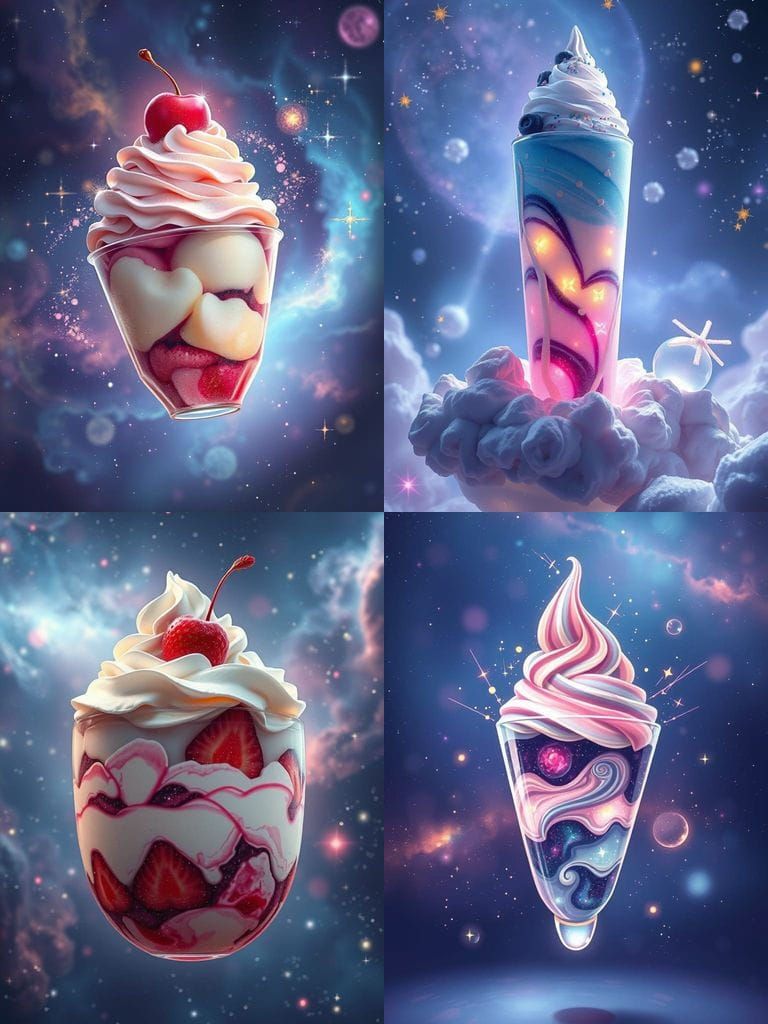 Magical Floating Ice Cream Parfait with Celestial Aura