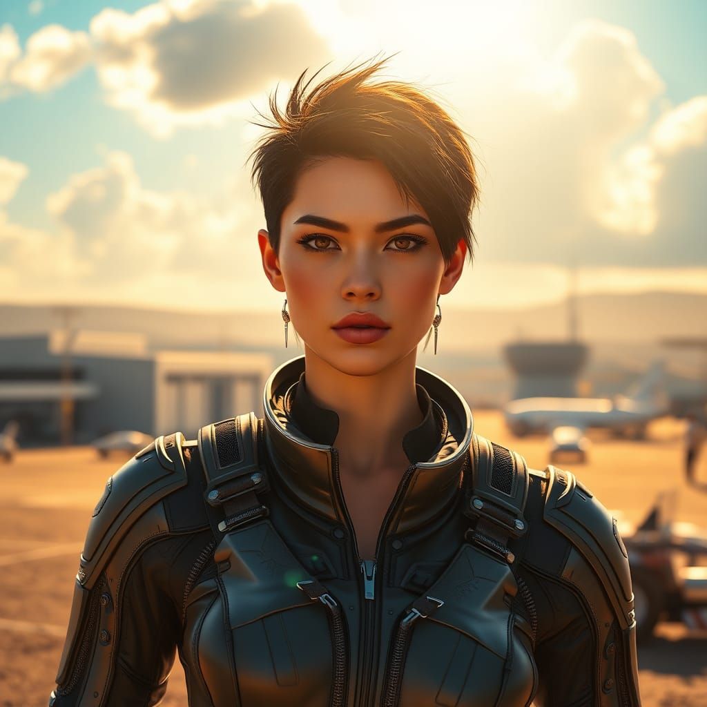 High-Tech Woman on Military Base in Matte Painting Style