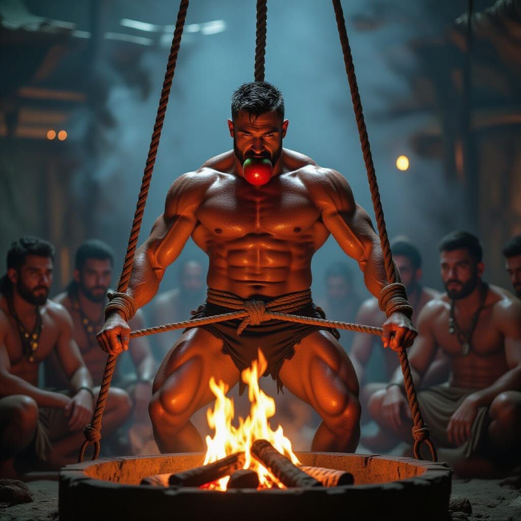 Dark Fantasy Concept Art of a Roped Man on a Spit