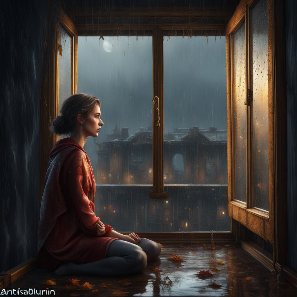 Sorrowful Woman on a Rainy November Day