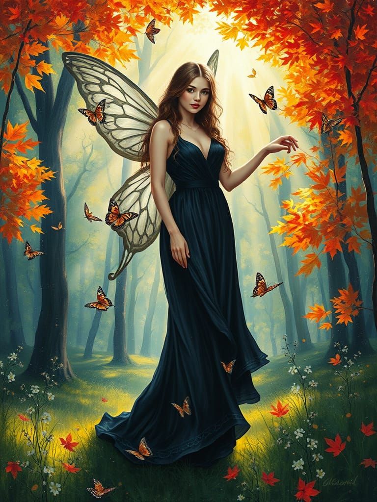 Fairy in Forest, Neo-Impressionist Oil Painting