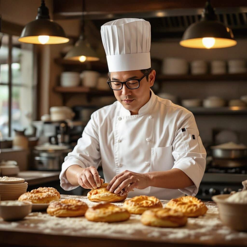 Chinese Chef Baking Pastries in Cozy Bakery