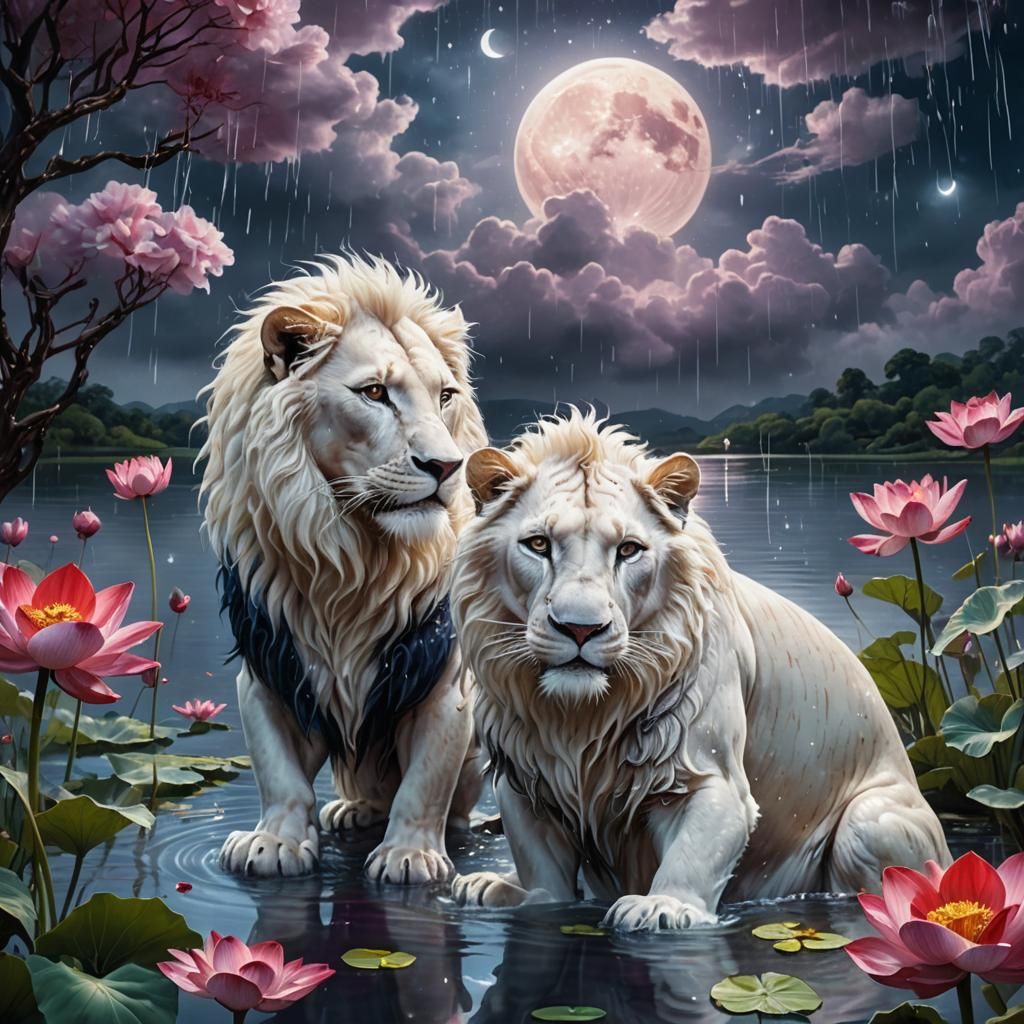 White Lion and Red Rat Dance in Dreamlike Landscape
