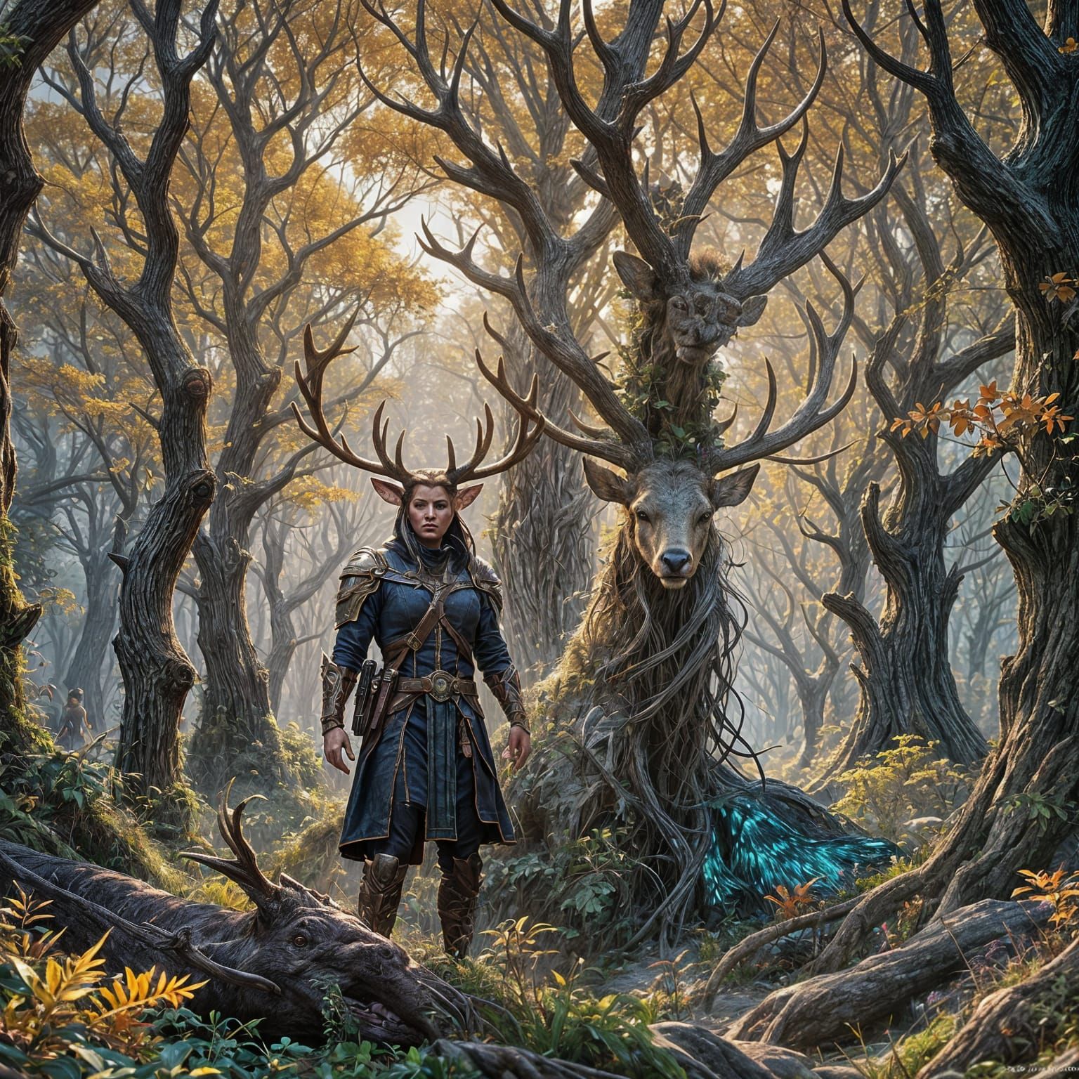 Antlered Human in Mystical City, Hyperdetailed Portrait