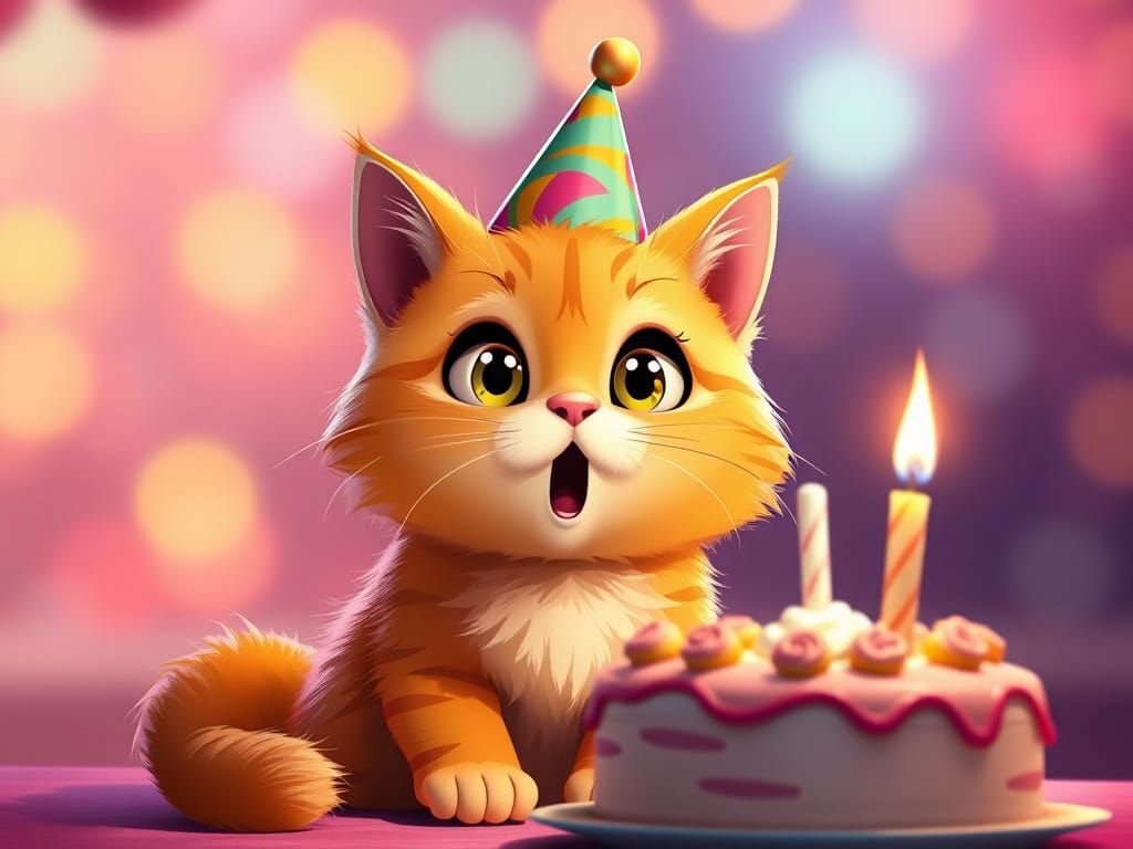 Surprised Cat in Party Hat with Birthday Cake