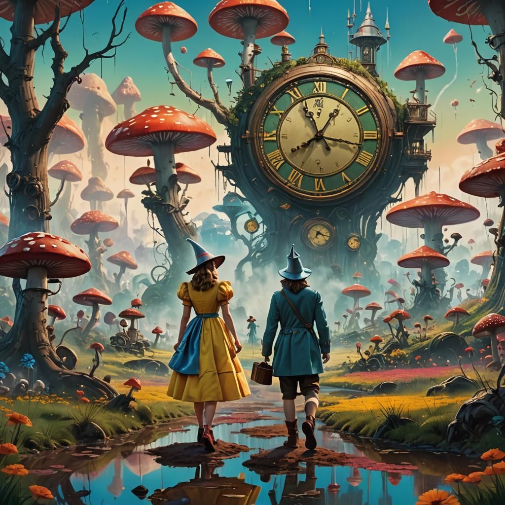 Wizard of Oz and Alice in Dreamlike Landscape