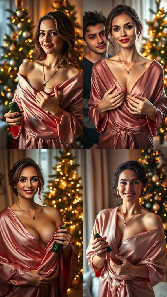 Confident Woman in Satin with Cucumber and Christmas Tree