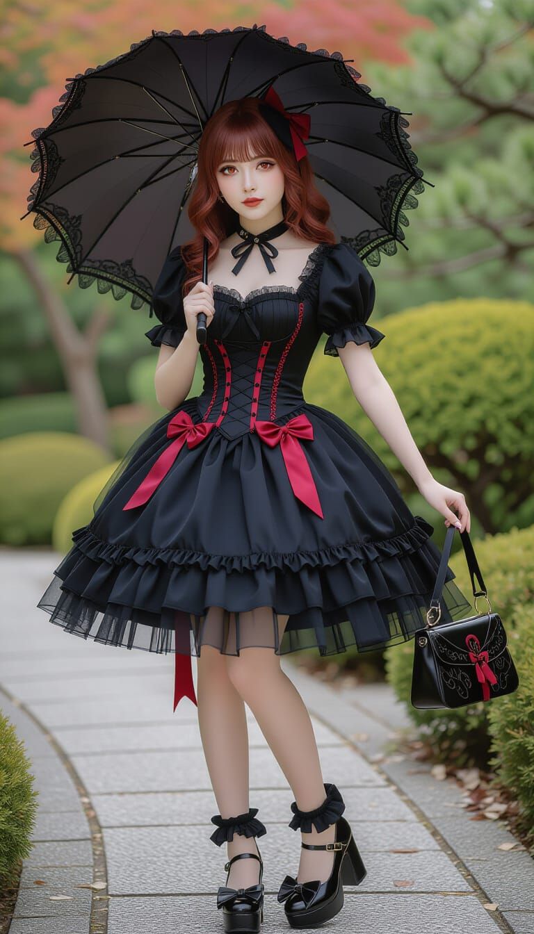 Gothic Lolita Fashion in Japanese Garden