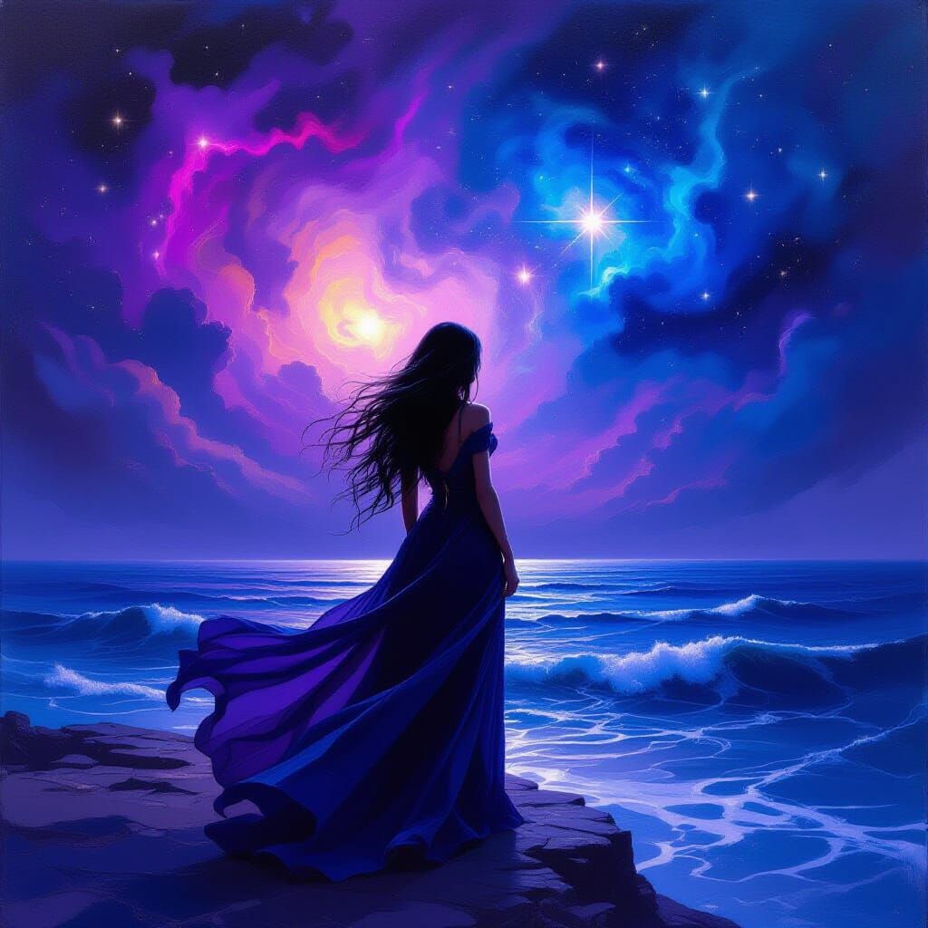 Maiden at Cosmic Ocean Edge in Impasto Style