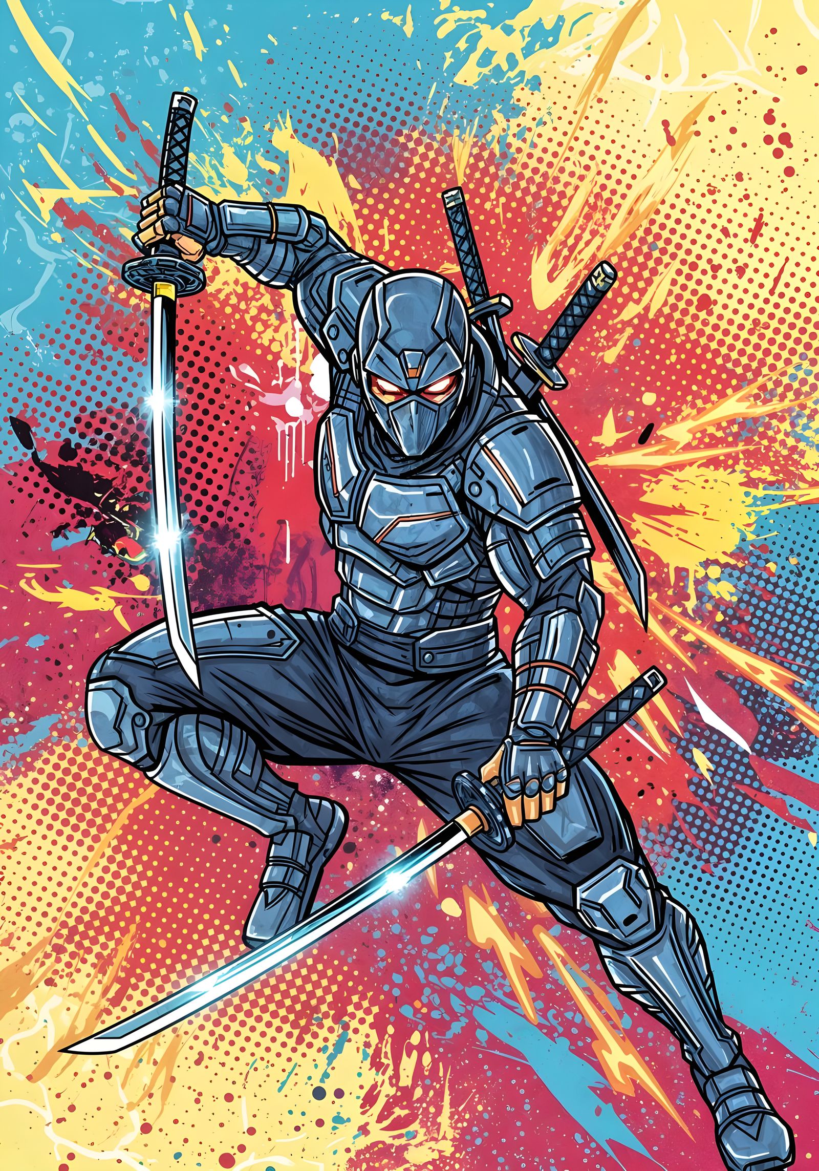 Futuristic Ninja with Neon Katanas in Comic Book Style