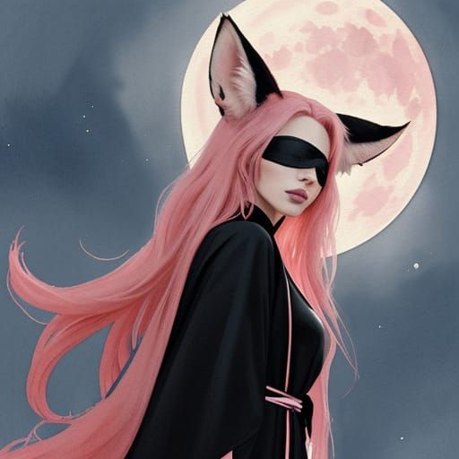 Fox-Eared Woman in Crimson Eclipse, Goya Watercolor Style