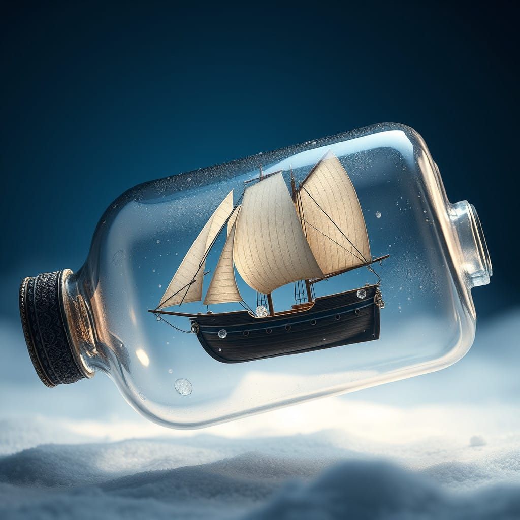 Miniature Sailboat in Antique Glass Bottle on Snowy Winter B...