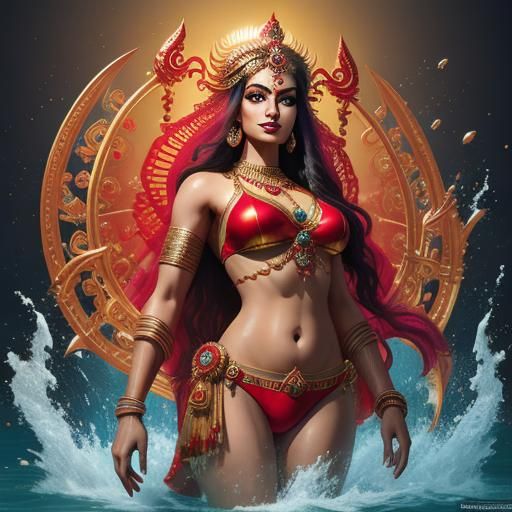 Hyperrealistic Indian Goddess Lakshmi in Red Bikini