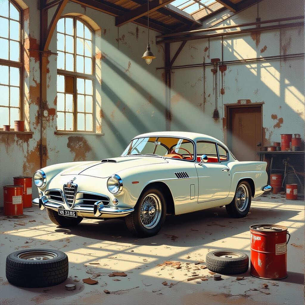 Vintage Alfa Romeo in Abandoned Workshop Oil Painting