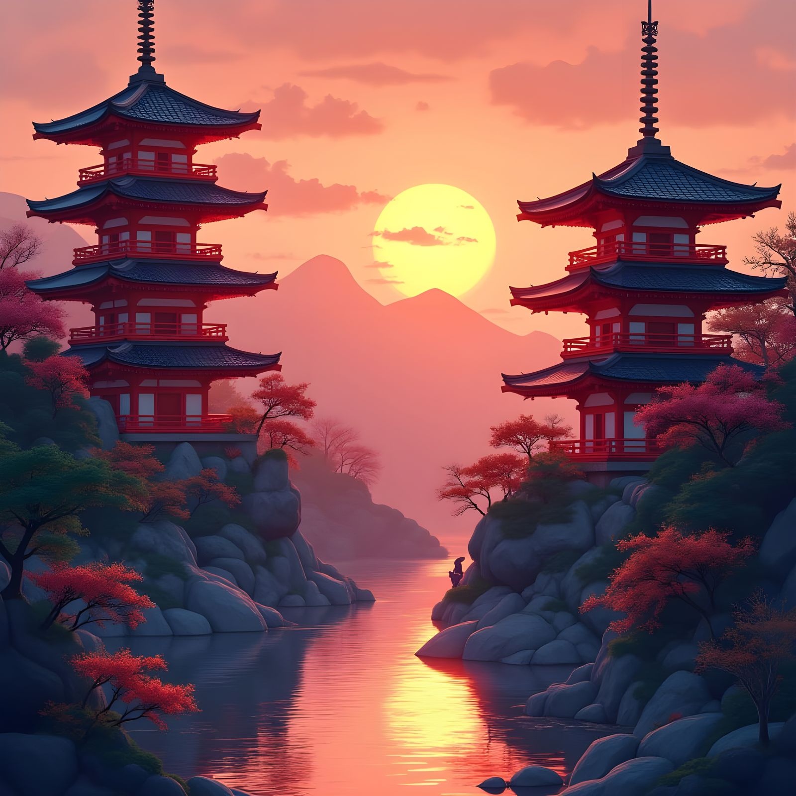 Traditional Japanese Sunset Landscape