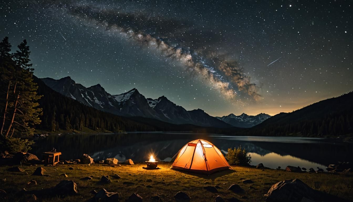 Dramatic Lakeside Camping Setup in Double Exposure Style