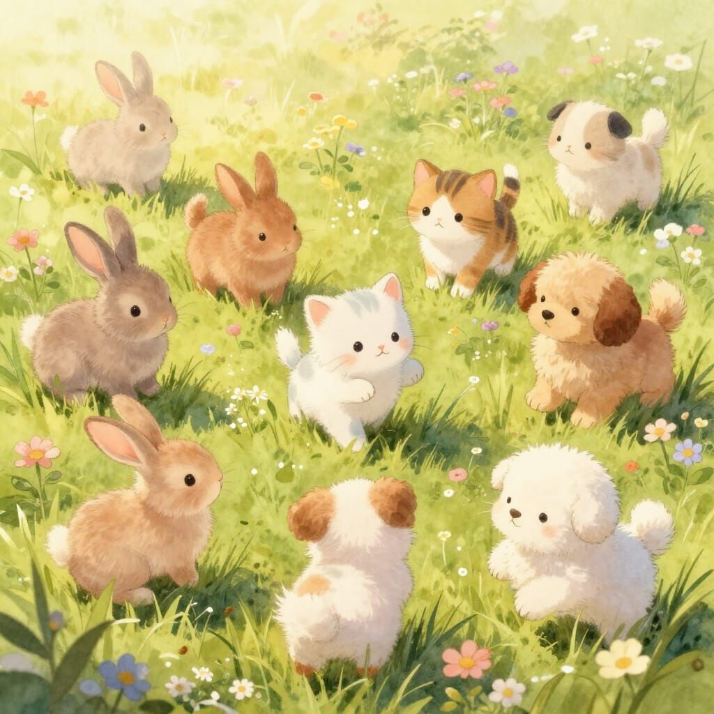 Fluffy Baby Animals Play in Sunlit Meadow Watercolor