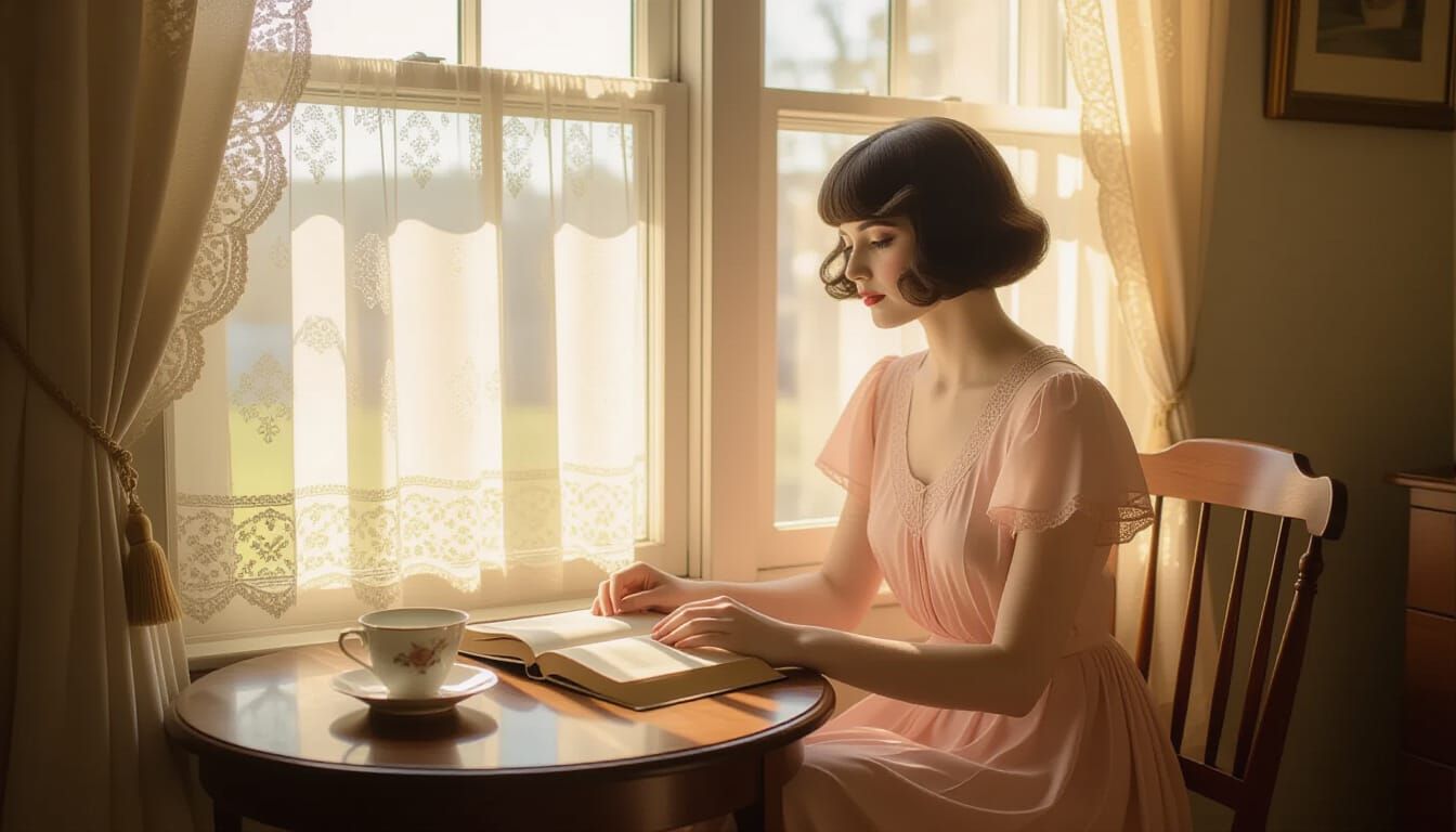 1920s Woman in Pastel Dress by Sunlit Window