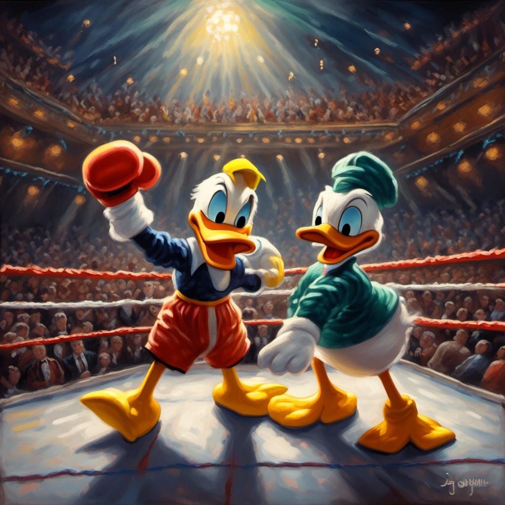 A digital painting of Donald duck in a boxing with Daffy Duc...