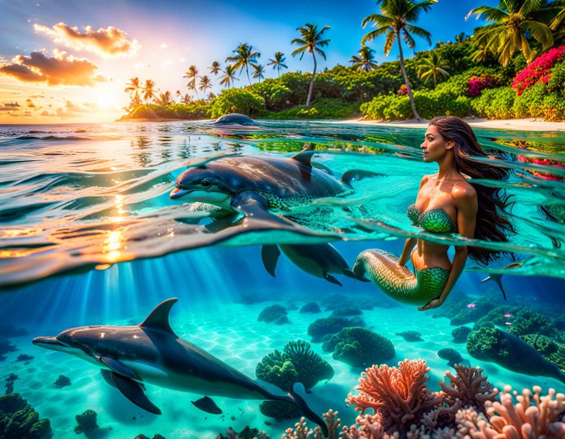 Mermaid with dolphins in a tropical island