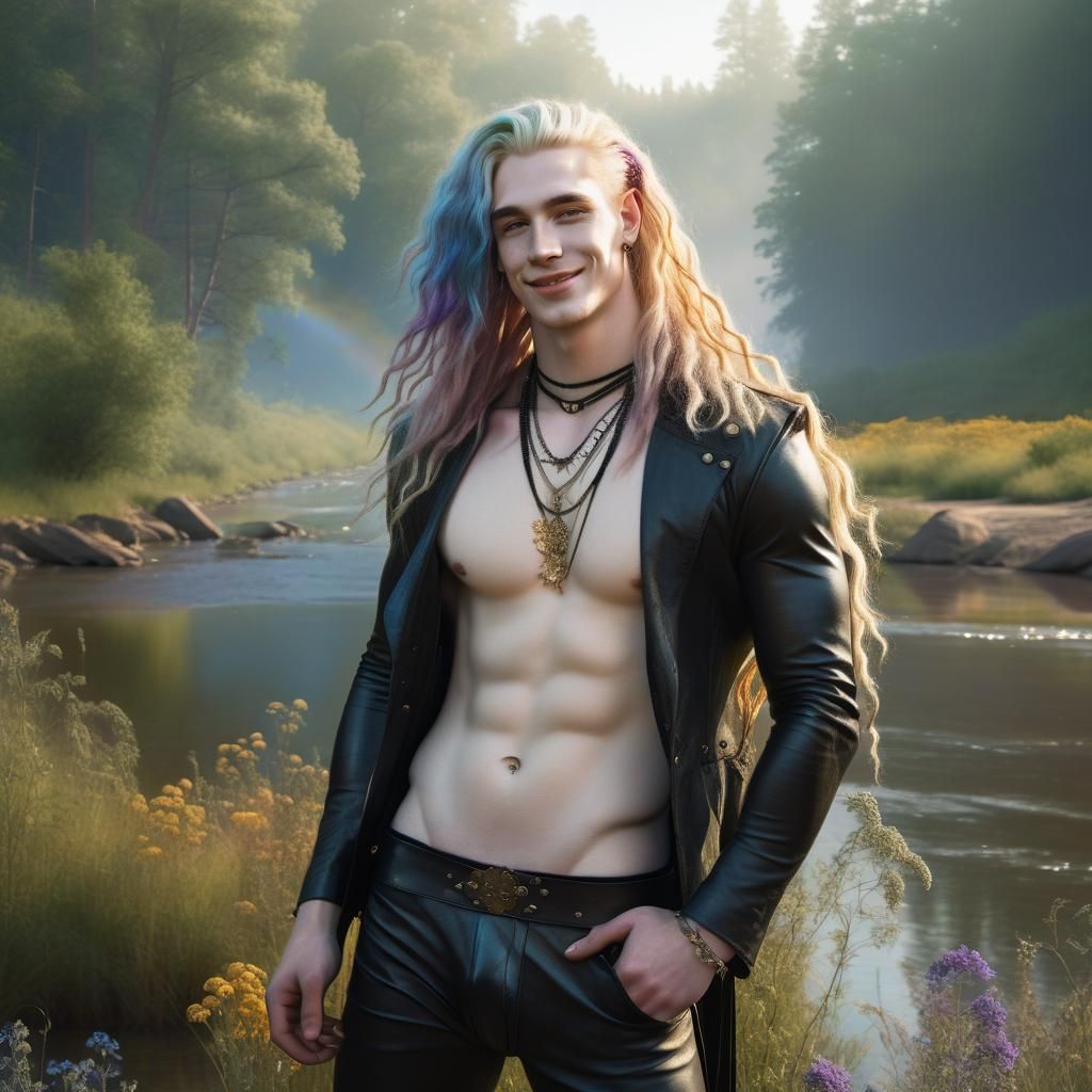 Rainbow-Haired Youth Poses by River in Golden Light