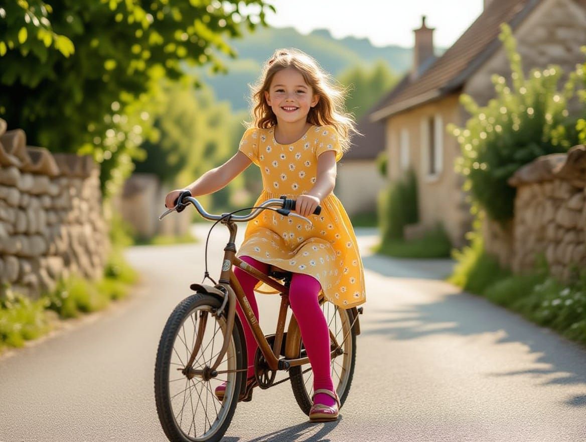 Rural Village Girl Rides Bicycle in Sunny Afternoon