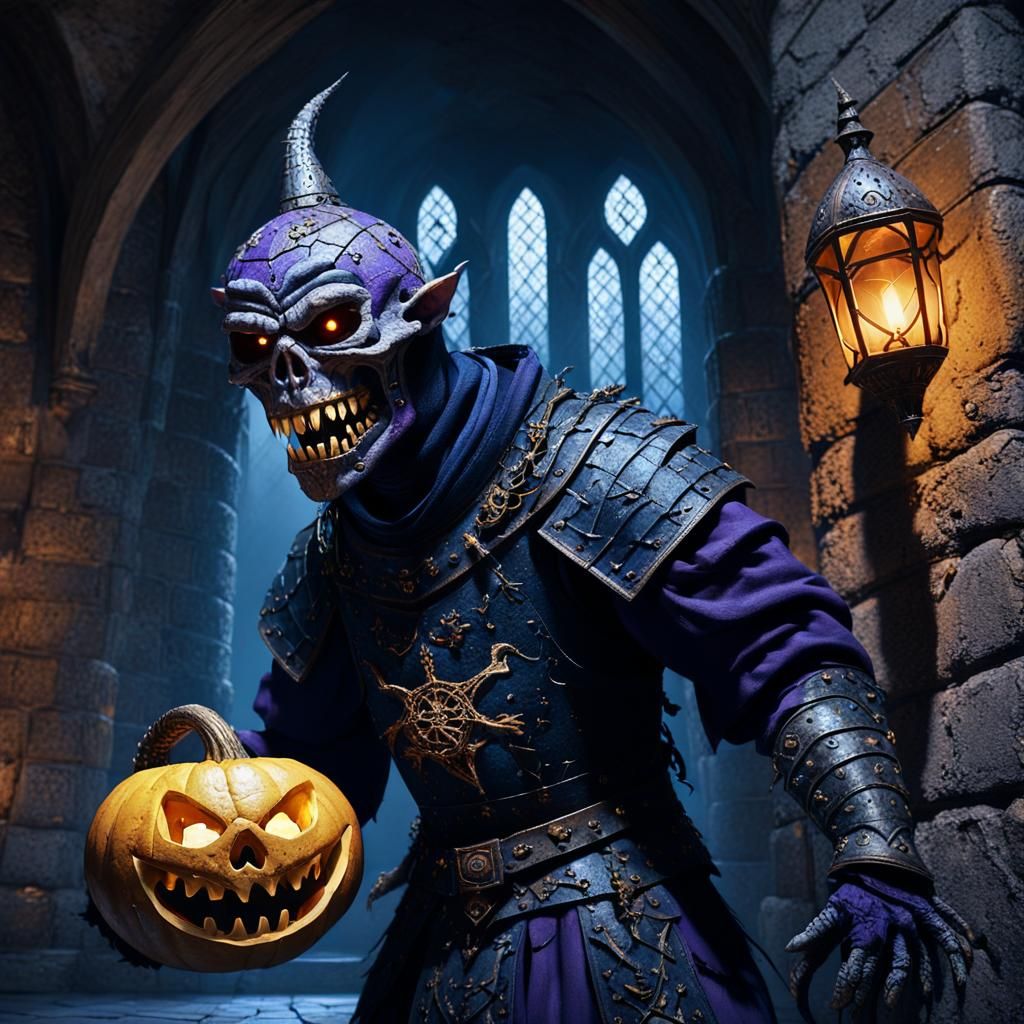 Menacing Gourd Warrior in Gothic Castle, Dark Fantasy Art