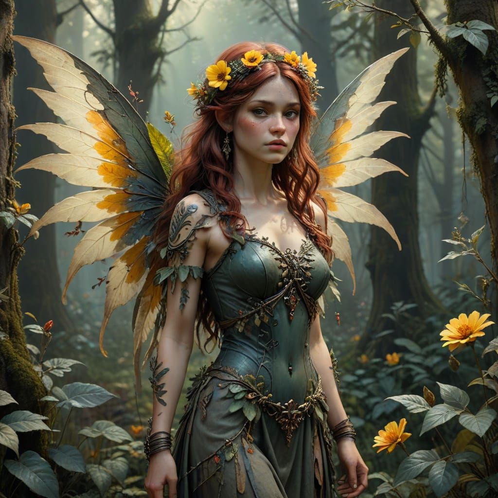 Bohemian Punk Fairy in Classical Forest Oil Painting