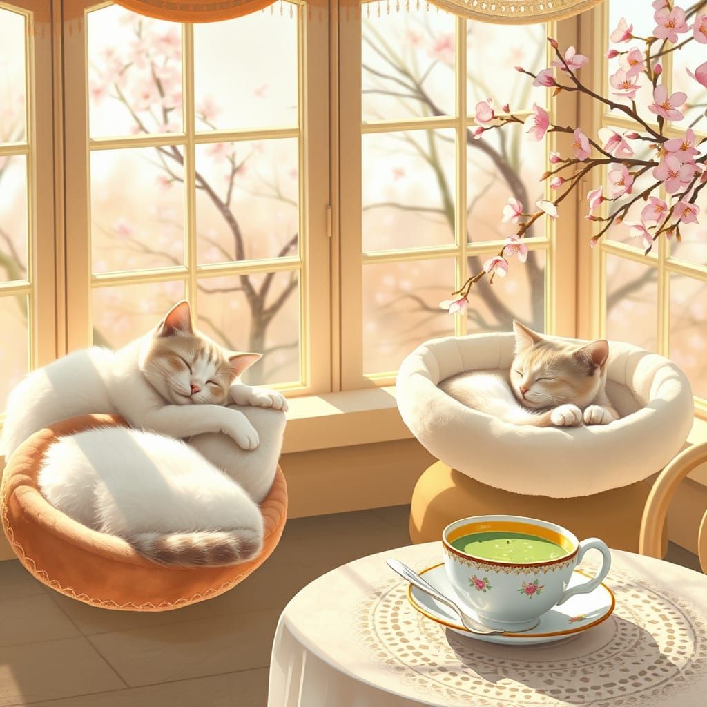Dreamy Cat Café in Soft Pastel Hues