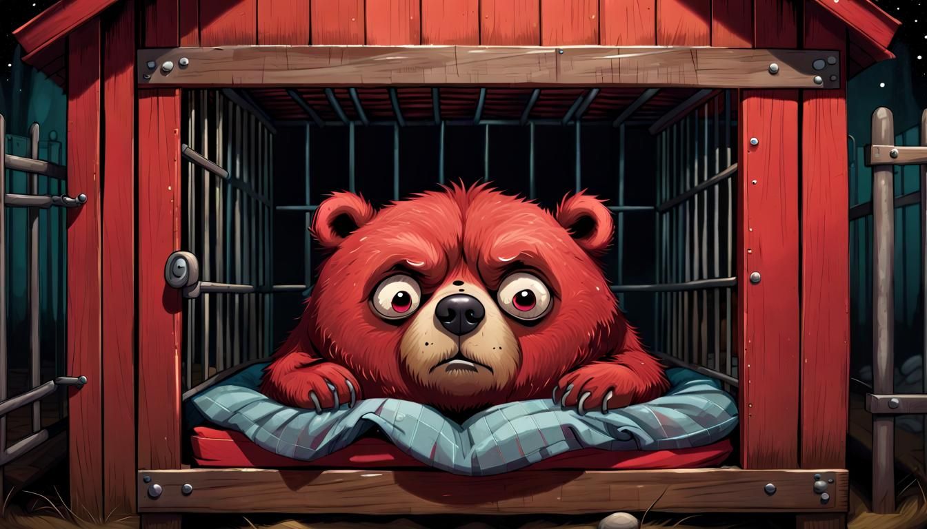 A Grumpy Bear's Slumber in a Cozy Kennel