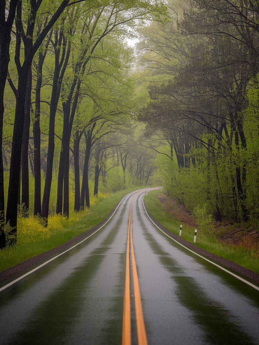 Rainy Ozark Mountains Road in Hyperrealistic Polaroid