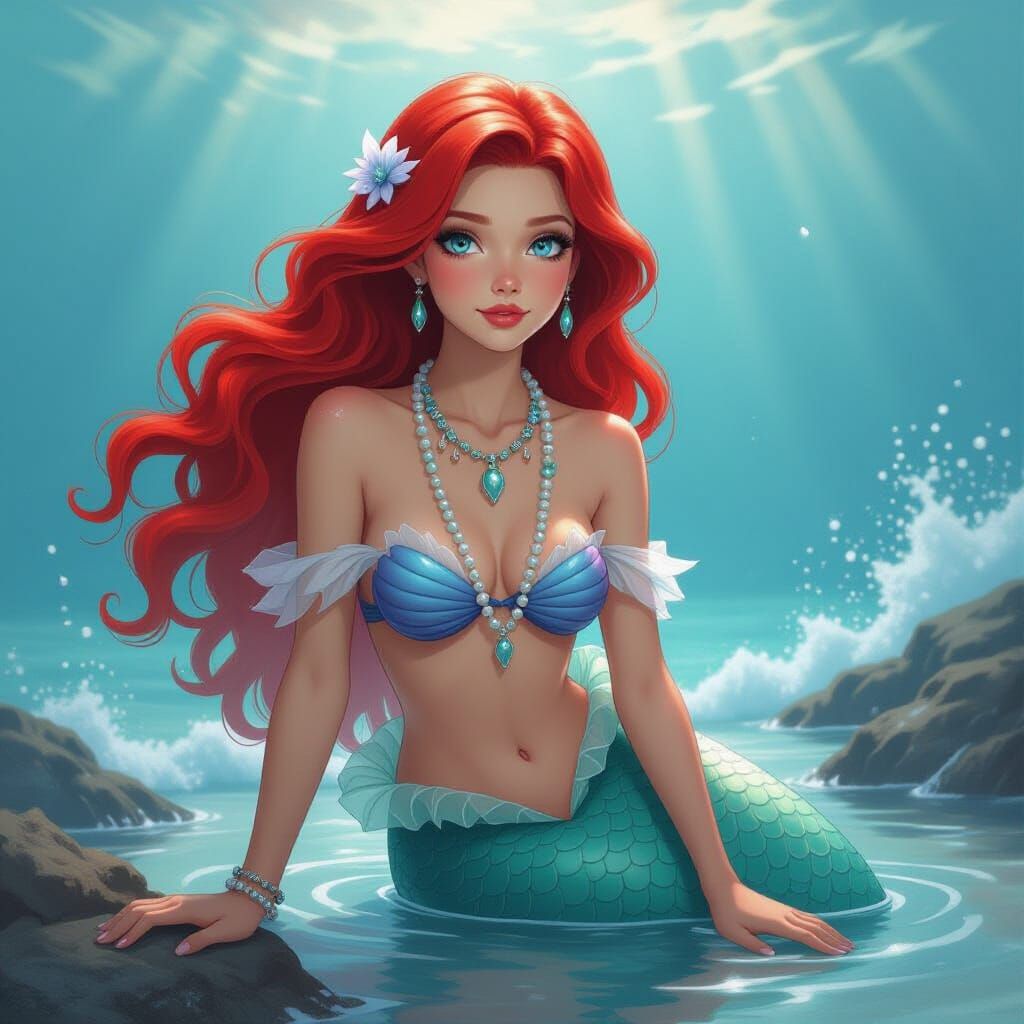 Mystical Mermaid Goddess Ariel on Rocky Coastline