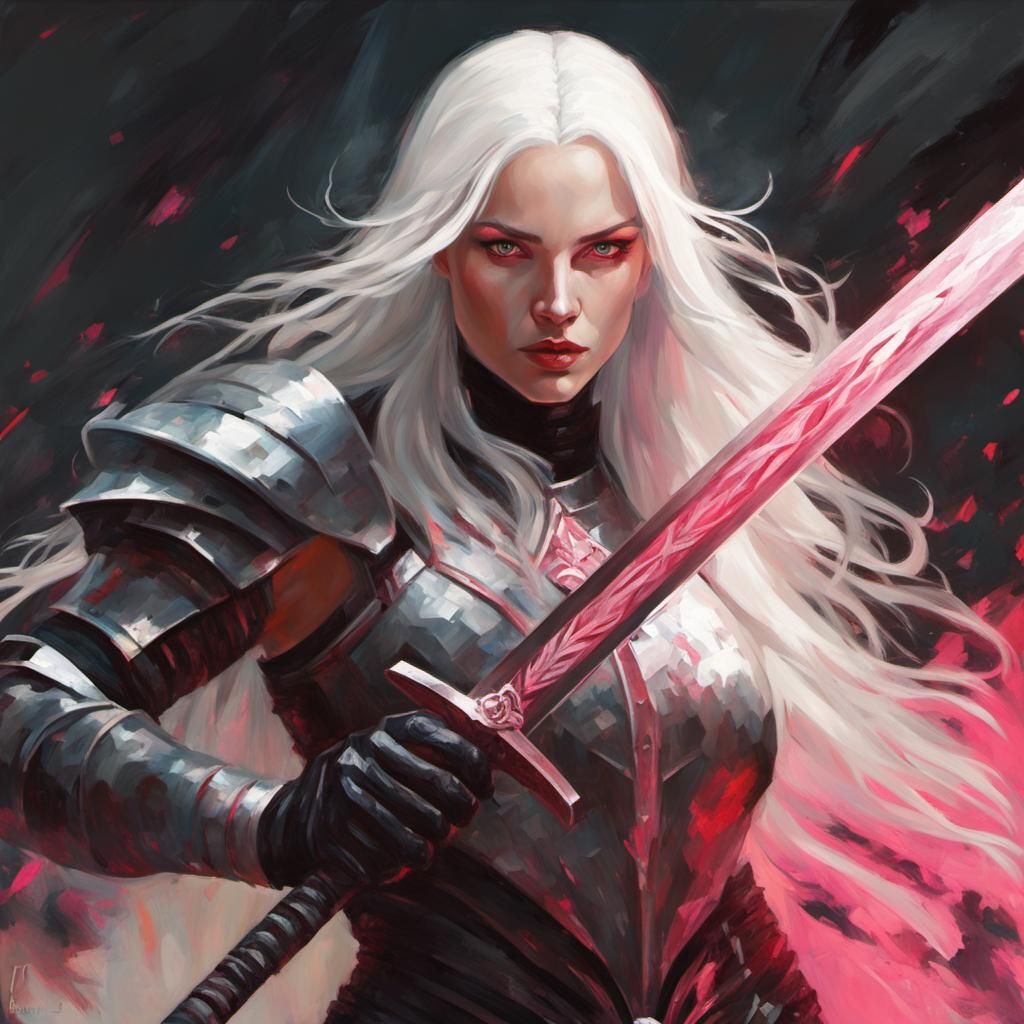 Albino Woman Warrior with Runic Sword, Expressionist Paintin...