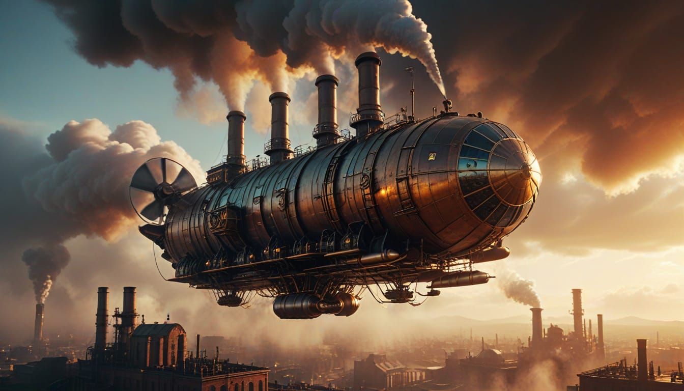 Steampunk Airship Soars Over Victorian-Era Factory City in G...