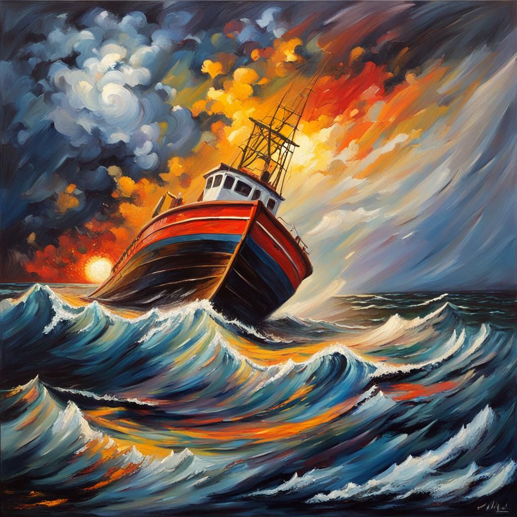 Expressionistic Oil Painting of Boat in Tsunami