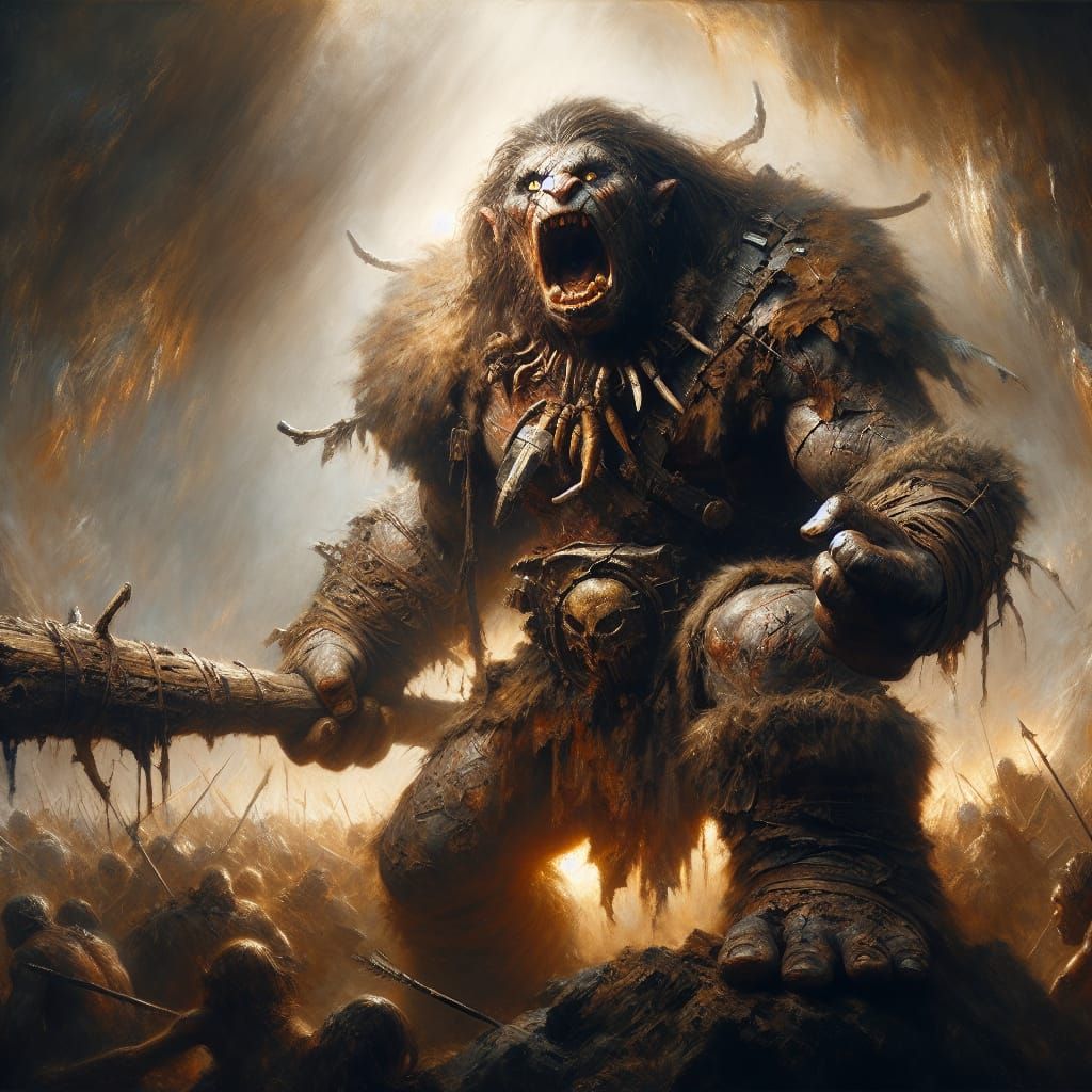 Surreal Tenebrism Painting of a Muscular Troll Dominating a ...