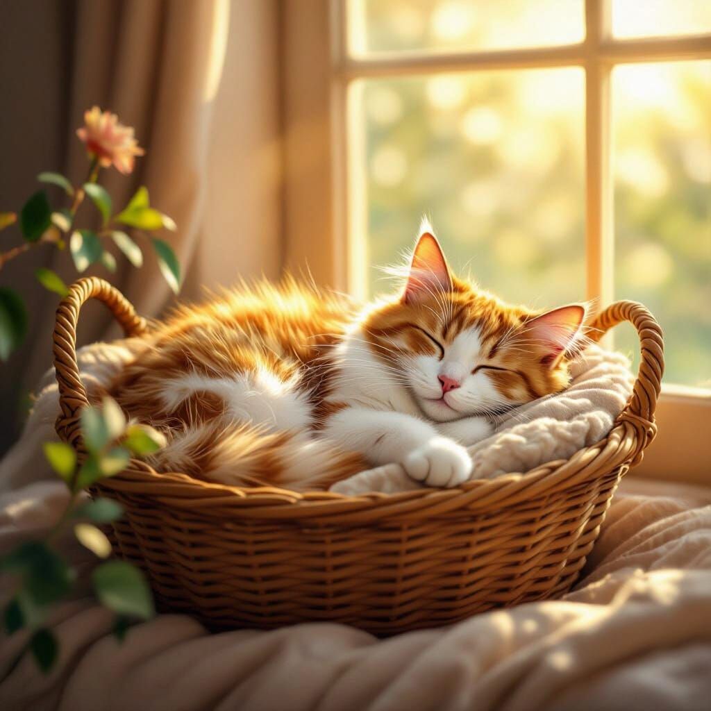 Orange and White Cat Sleeping in Basket, Warm Sunlight