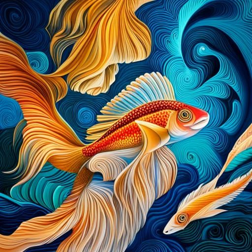 Golden Cosmic Fish in Circular Motion: Graffiti Art