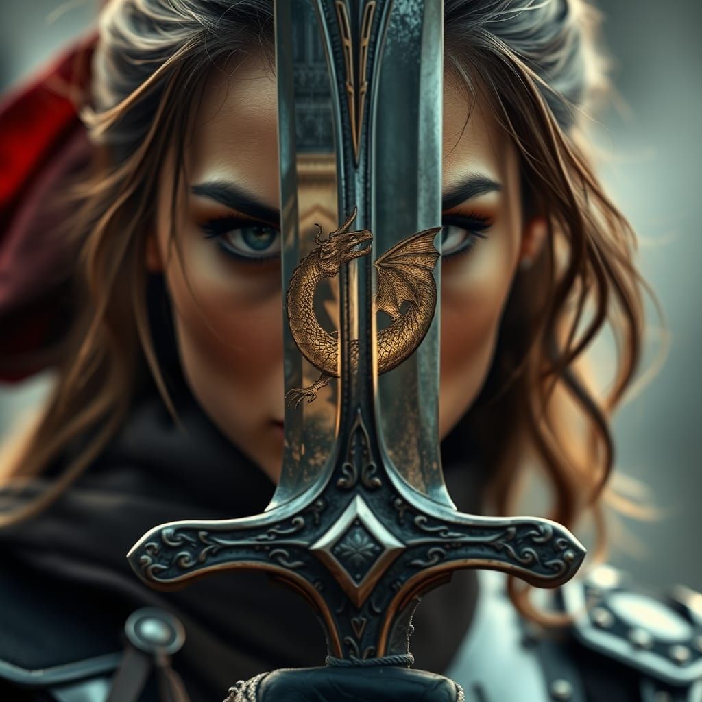 Fierce Female Warrior with Dragon Reflection