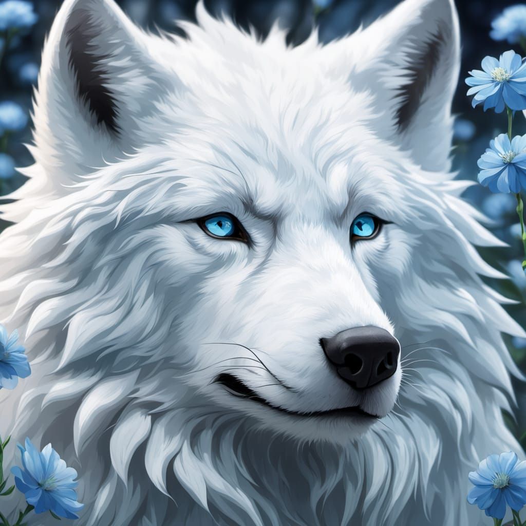 Anime Wolf with Blue Flowers in Studio Ghibli Style