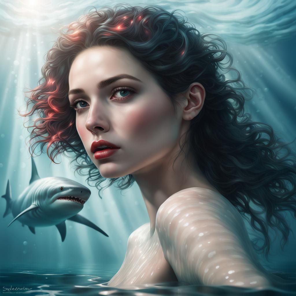 intricately detailed beautiful haircut model with red eyes floating in a frame while surrounded by shark in the style of...