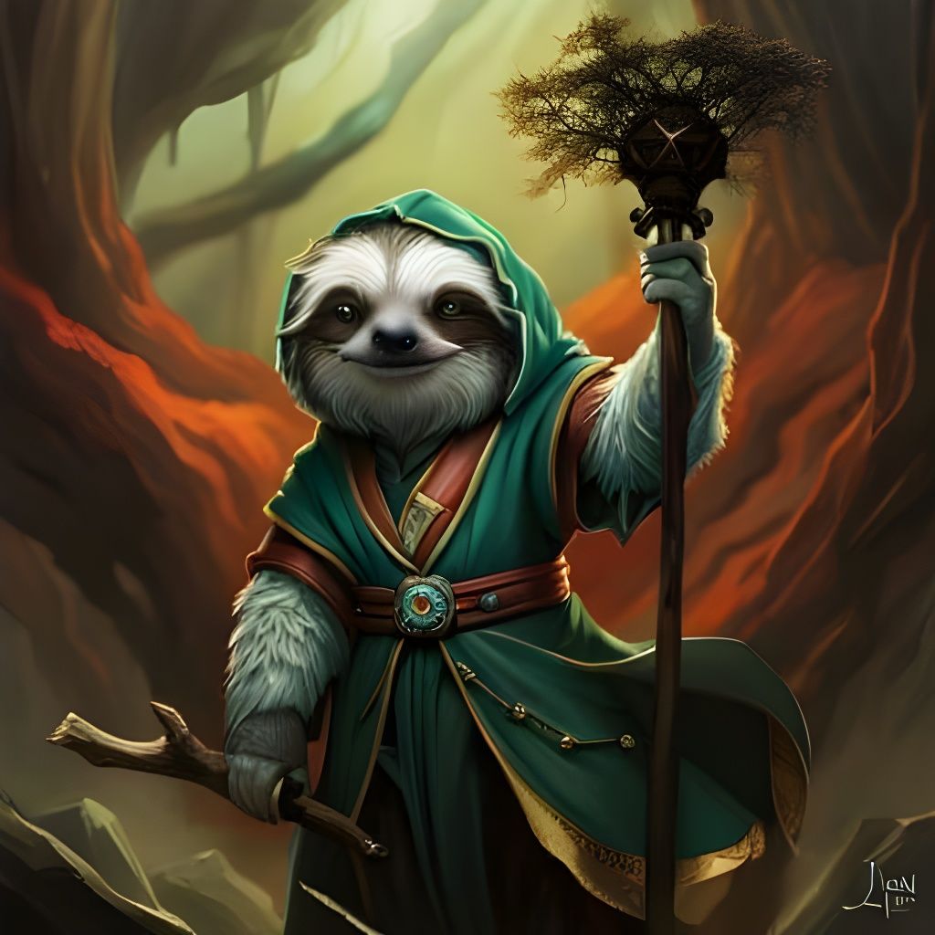 Sloth Wizard with Glowing Staff: Fantasycore Artwork