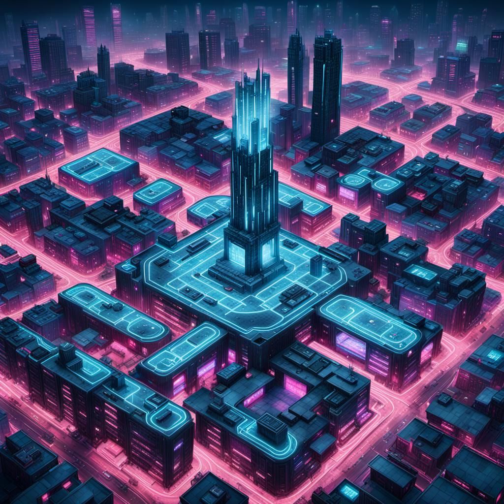 Cyberpunk City Aerial Map with Neon Lighting